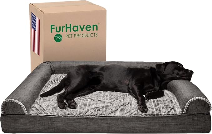 Furhaven Orthopedic Dog Bed for Large Dogs w/ Removable Bolsters & Washable Cover, For Dogs Up to 125 lbs - Luxe Faux Fur & Performance Linen Sofa - Charcoal, Jumbo Plus/XXL-PawvioPets