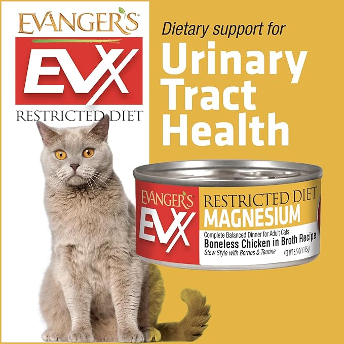 Evanger’s EVX Restricted Diet Magnesium Canned Cat Food – 24 Count, 5.5 oz Cans Each – Boneless Chicken in Broth with Berries – Grain Free, Limited Ingredients, Stew Style-PawvioPets