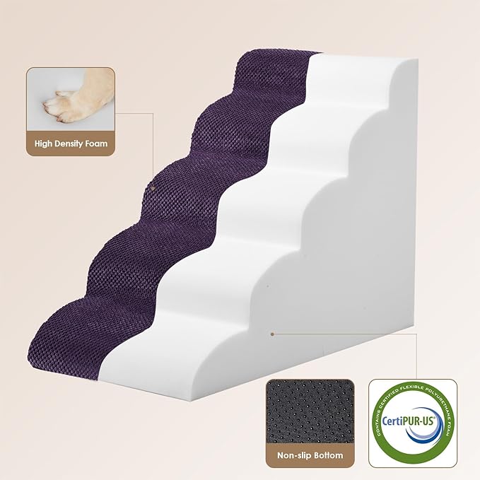EHEYCIGA Curved Dog Stairs Ramp for High Beds 22.6" H, 5-Step Dog Steps for Small Dogs and Cats, Pet Stairs for High Bed Climbing, Non-Slip Balanced Pet Step Indoor, Purple-PawvioPets