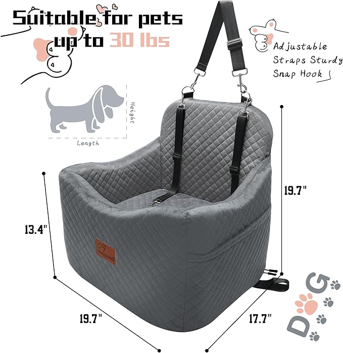 Dog Booster Car Seat for Dogs under 35lbs,Elevated Pets Seat with Safety Strap,Ultra Soft Fabric and Memory Foam Car Dog Bed,Safety,Comfy,Non-Slip&Washable Carseat Cushion for Travel,Cars,SUV.(H-Grey)-PawvioPets