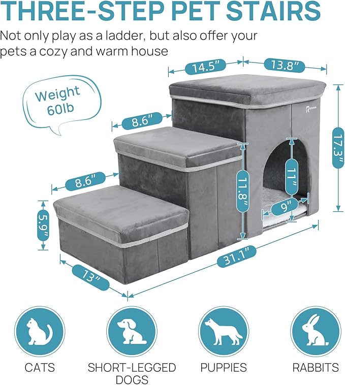 Foldable Pet Stairs for Beds & Sofas - Non-Slip Dog Steps with Storage for Small to Medium Dogs & Cats, Supports up to 120 lbs - Durable 2 & 3-Step Doggie Ladder for Easy Access-PawvioPets