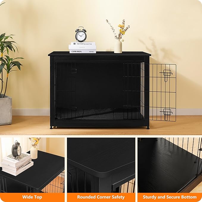 DWANTON Dog Crate Furniture with Cushion, Wooden Kennel Table with Double Doors, Indoor Dog House, Extra Large Size, 43.3" L, Black-PawvioPets