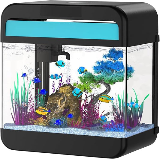 Fish Tank Aquarium 2.2 Gallon with Adjustable 3 Colors Lighting 3 in 1 Pump with Filteration, Oxygenation, Water Circulation Triple Function, HD Float Glass, Leak-Proof Thickened Base-PawvioPets