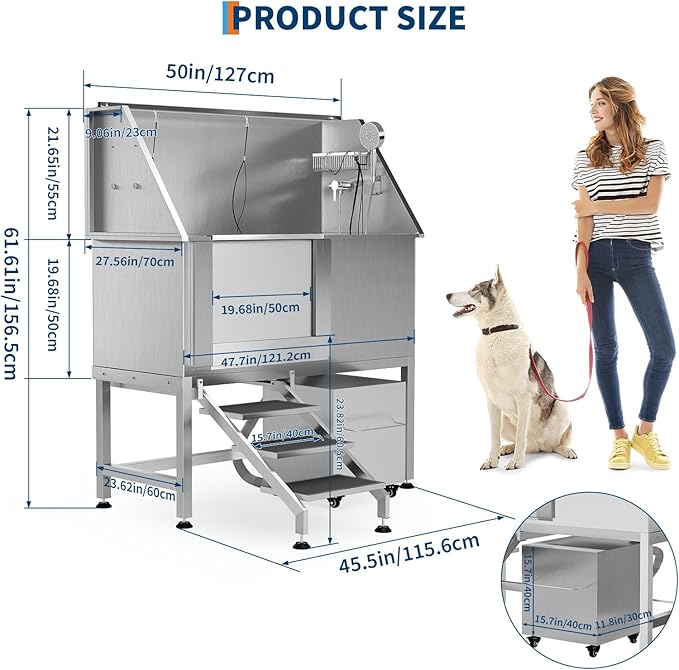 50" Stainless Steel Professional Dog Washing Station - Pet Bathing Tub w/Non-Slip Stairs & Storage Shelf | Slip-Resistant Floor Grate | for Large/Medium/Small Dogs-PawvioPets