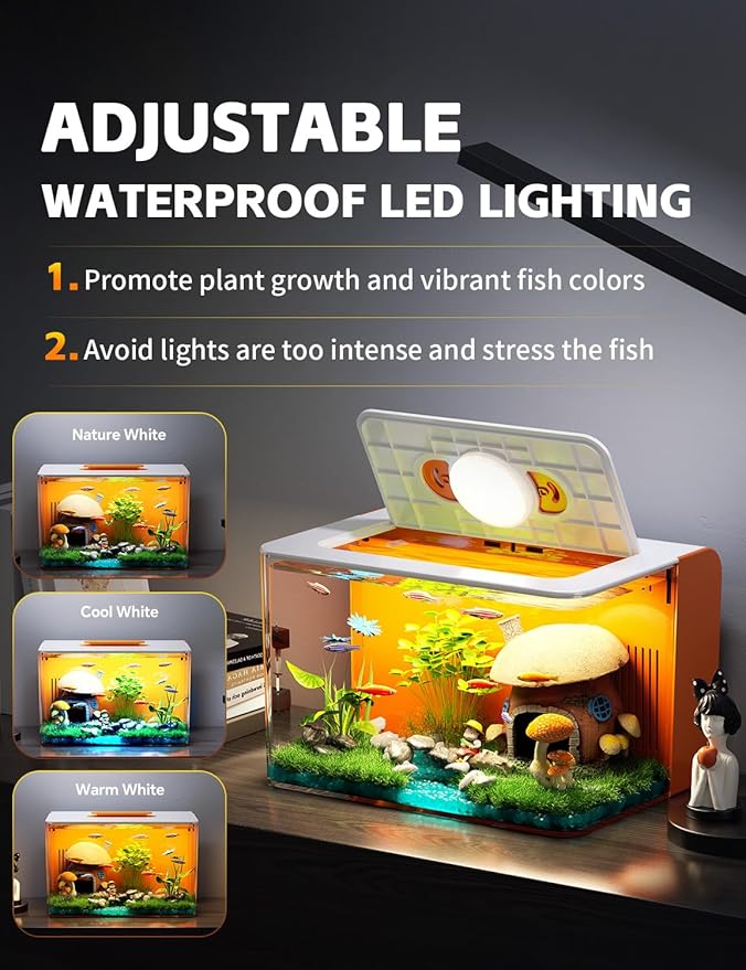 2.5 Gallon Fish Tank Small Aquarium Starter Kit with Hidden Filtration, 3 Color Light, Self Cleaning Nano Tank for Betta, Shrimp, Guppy, Angelfish-PawvioPets