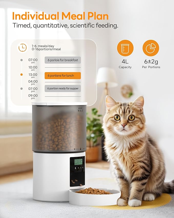 Automatic Cat Feeder Food Dispenser: 4L Timed Small Dog Dry Food Dispenser with 10s Voice - Distributeur Nourriture Chat Hund Programmable - Auto Pet Feeder with 1-6 Meals White-PawvioPets