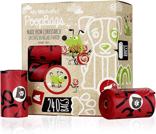 Compostable Dog Poop Bags, Cornstarch Eco-Friendly, HOME COMPOST NF T 51-800, 240 Count, Large Size Bag 9x13 Inches, 16 Unscented Refill Rolls, Leak-proof, Plantbased, GM-Free Corn (Red)-PawvioPets