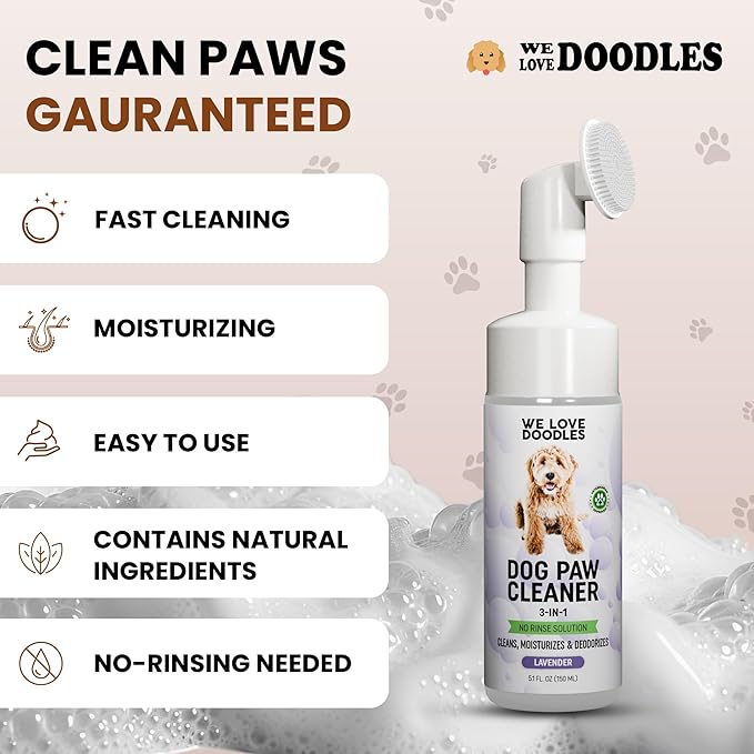 Dog Paw Cleaner (Over 100+ Feet Cleanings) No-Rinse Dog Foot Washer, Gentle and Safe Paw Cleaner for Dogs and Cats, Foam Formula, Moisturizes and Deodorizes, 150mL (Lavender) [We Love Doodles]-PawvioPets