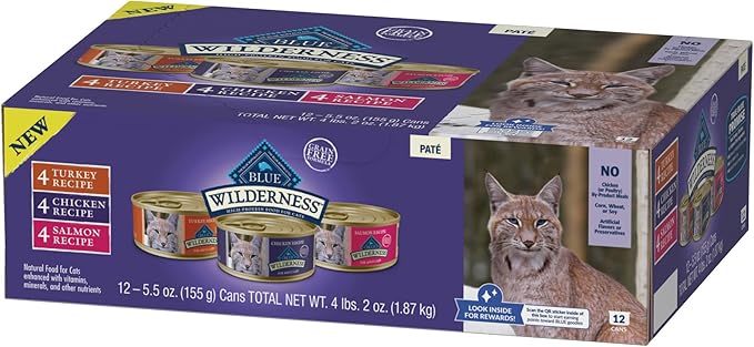 Blue Buffalo Wilderness High Protein, Natural Adult Pate Wet Cat Food Variety Pack, Chicken, Salmon, Turkey 5.5-oz can (12 count - 4 of Each Flavor)-PawvioPets