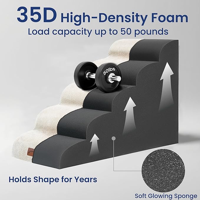 GoGoBunny Ramp Dog Stairs for High Beds 22.6" H, 5-Step Dog Slope Stairs with Durable Waterproof Fabric Cover, Pet Steps for Old Large Dogs Climbing, Non-Slip Sturdy Indoor Step, Beige-PawvioPets