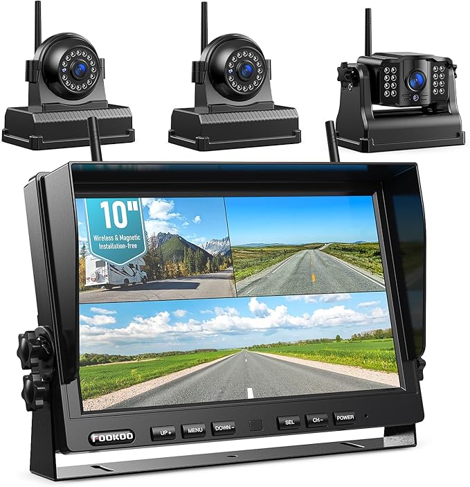 Fookoo HD 10" Magnetic Wireless Backup Camera,10" IPS Split Screen Monitor, Rechargeable 2 Side View 1 Rear View Cameras,Low Consumption 1-Min Install No Drilling Recording for Trailer Truck DCX103-PawvioPets