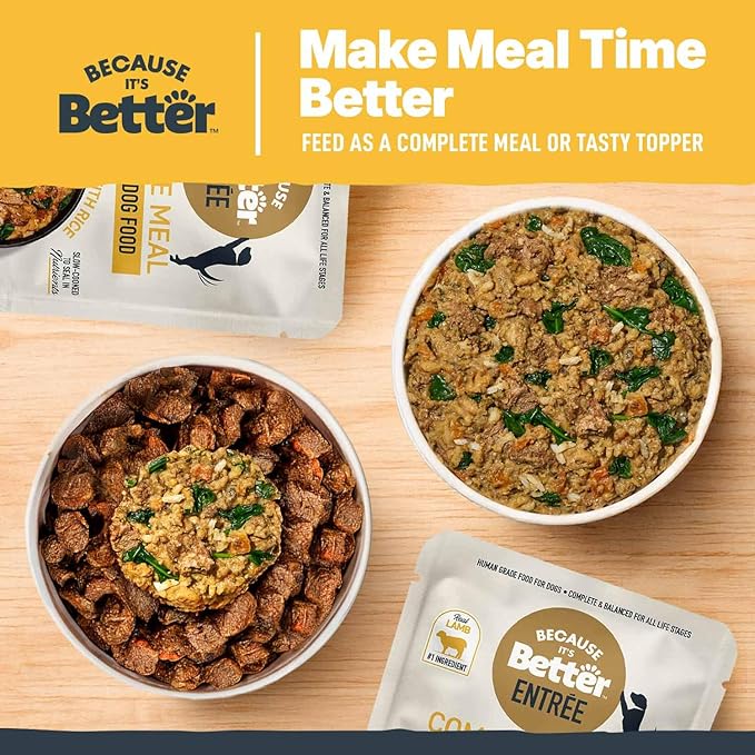 Because it's Better Entrée Complete Meal, Lamb Stew with Rice, Human Grade Wet Dog Food, 10 oz Pouches, 6 Count-PawvioPets