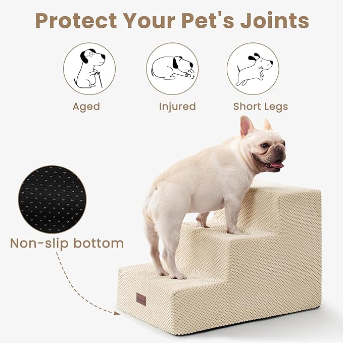 Dog Stairs for Small Dogs & Cats, 3-Step Extra Wide Non-Slip Pet Steps for Couch Sofa and Chair, Beige, 15.7" H-PawvioPets
