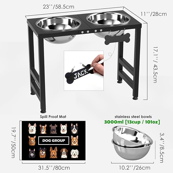 Elevated Dog Bowls for Large Extral Large Breed, Raised Bowl Stand with 2 Stainless Steel Bowls (101oz) and Spill-Proof Mat, 17" Tall Dog Feeder for Extra Large Breeds-PawvioPets