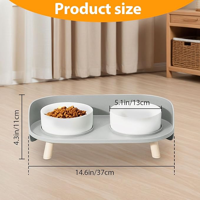 Elevated Dog Bowls Set, Ceramic Pet Food & Water Bowls with Non-Slip Stand, No Spill Design for Cats/Small Medium Dogs Gray-PawvioPets