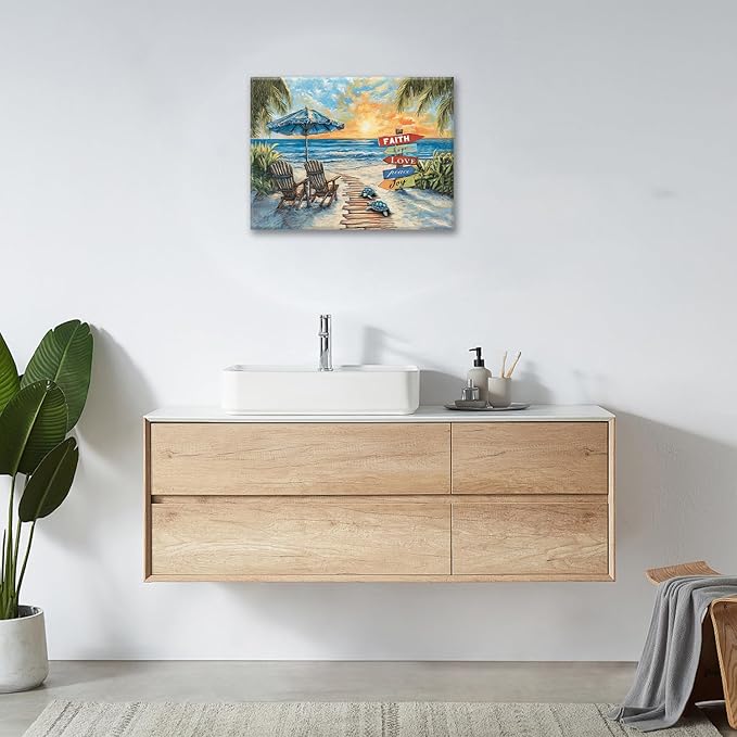 Beach Ocean Bathroom Pictures Wall Art, Seaside Coastal Bathroom Wall Decor, Sunrise Framed Painting Canvas Artwork for Bedroom Living Room Decorations 16"L x 12"W-PawvioPets