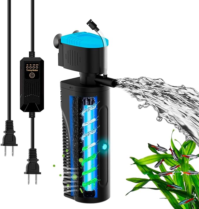 Aquarium Filter with Aeration & Rainfall Mode, U - V Fish Tank Filter with Timer (3/6/12/24 Hours) for Green Water Cleaning, Turtle Tank Filter with Efficient Filter Sponge (30-70Gal)-PawvioPets