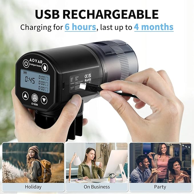 Automatic Fish Feeder Dispenser for Aquarium: Rechargeable Auto Feeders for Tank Turtle Pond Betta - 200ml Smart Food Feeding Timer Dispensers for Flake Pellet Vacation Weekend-PawvioPets