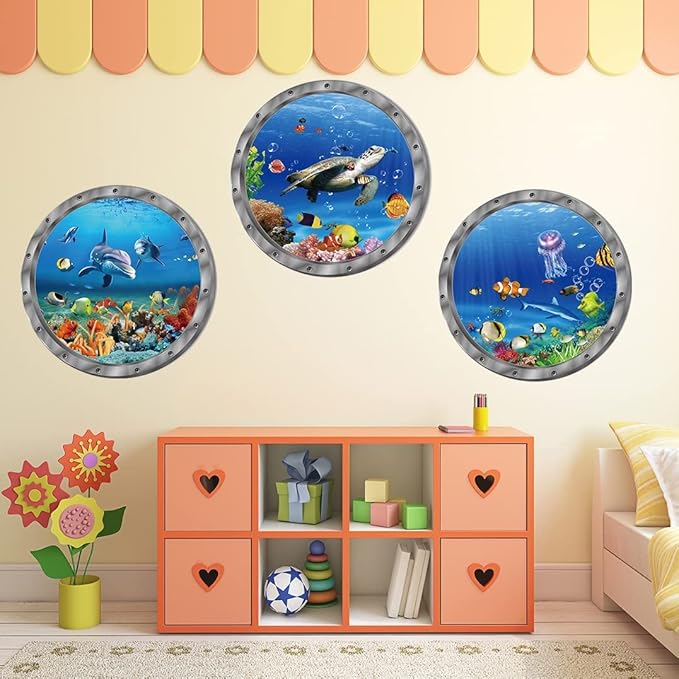 9PCS Ocean Animals World Under Sea Decor Sea Turtles Dolphins Fishes Sharks Coral Removable 3D Peel and Stick Vinyl Stickers-PawvioPets