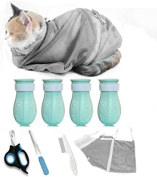 8 Piece Cat Grooming Supplies ，Adjustable Multifunctional Anti-Bite Shower net Bag，Cat Claw Covers，Cat Bath Brush and Cat Nail Clipper(Grey-B)-PawvioPets