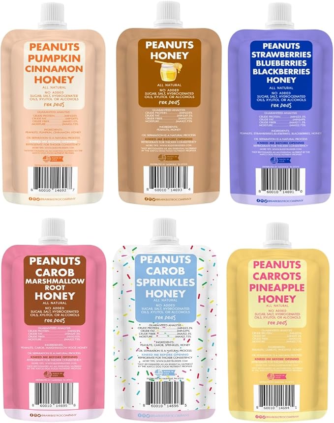 BUDDY BUDDER 6 Pack Mixed Flavor Squeeze Packs, 100% Natural Dog Peanut Butter, Healthy Peanut Butter Dog Treats, Made in USA, (4oz Packs)-PawvioPets