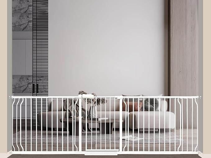 Extra Wide Baby Gate 85.8-104.5 Inch, Pressure Mounted No Drilling, for Stairs & Doorways, Metal White Indoor Safety Gate for Kids and Dogs-PawvioPets