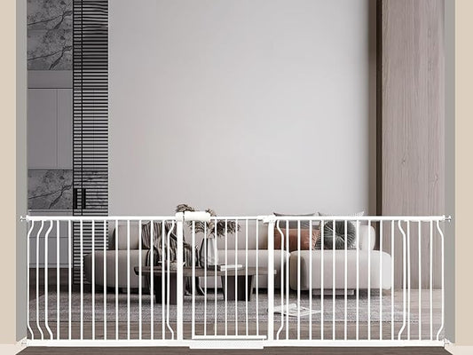 Extra Wide Baby Gate 85.8-104.5 Inch, Pressure Mounted No Drilling, for Stairs & Doorways, Metal White Indoor Safety Gate for Kids and Dogs-PawvioPets