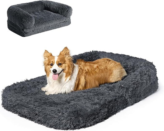 EHEYCIGA Foldable XL Dog Bed, Faux Fur Fluffy Pet Couch Bed for Large Dogs, Orthopedic Calming Memory Foam Big Pet Bed, Washable Soft Pet Sofa Bed with Non-Slip Bottom, Dark Grey, 46"x34"x6.5"-PawvioPets