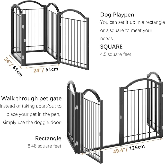 BHG Metal No-Assembly Freestanding Dog Gate with Door Walk Through, Extra Wide 96", Extra Tall 32" Pet Gate, Accordion Puppy Folding Playpen Dog Fence, with 2PCS Support (Black, 4 Panels)-PawvioPets
