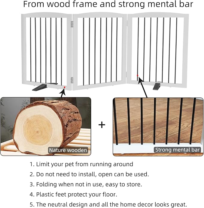 Freestanding Panel Dog Gate for Indoor Doorways, Stairs, or Hallways - Foldable Wooden Pet Gate, 24" Height - 3 Panels, White-PawvioPets