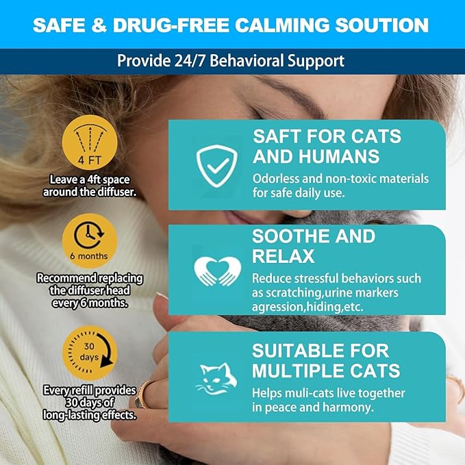 Cat Calming Diffuser, Cat Pheromones Calming Diffuser, Effectively Relieve Anxiety Stress Cat Diffuser Calming Multicat with 1 Diffuser + 2 Refill 48ml Last 60 Days Fits All Cats-PawvioPets