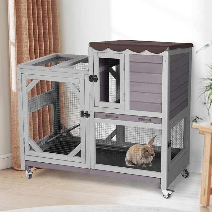 Aivituvin Rabbit Cage Indoor Outdoor Bunny Hutch on Wheels, 2 Story Wood Guinea Pig Cages with 2 Deeper Pull Out Trays (Gray)-PawvioPets