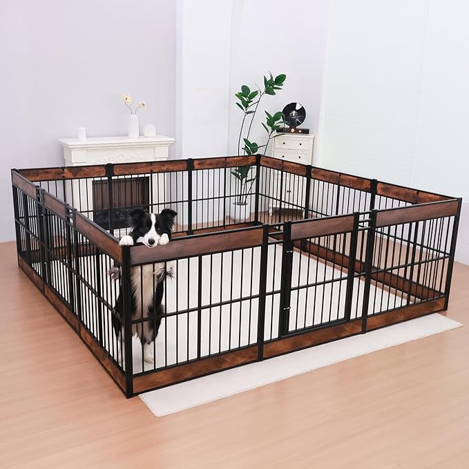 Dog Playpen, 31.5" Height Dog Pen Indoor, Heavy Duty, Safe and Sturdy, Furniture Style Puppy Pen (12 Panels (31.5" High), Rustic Brown)-PawvioPets