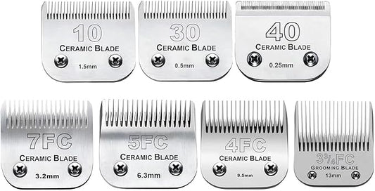 7pcs Dog Grooming Blades Compatible with Andis/Wahl/Oster Dog Clippers,Detachable Ceramic Blade & Stainless Steel Blade,Size:#3FC+4FC+5FC+7FC+10+30+40-PawvioPets