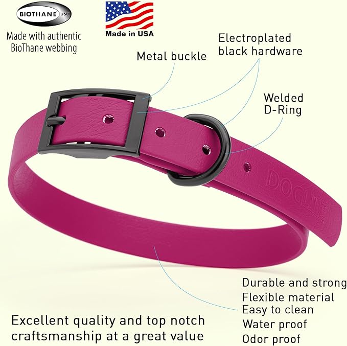 Dogline Biothane Waterproof Dog Collar Strong Coated Nylon Webbing with Black Hardware Odor- Proof for Easy Care Easy to Clean High Performance Fits Small Medium or Large Dogs, Magenta Pink-PawvioPets