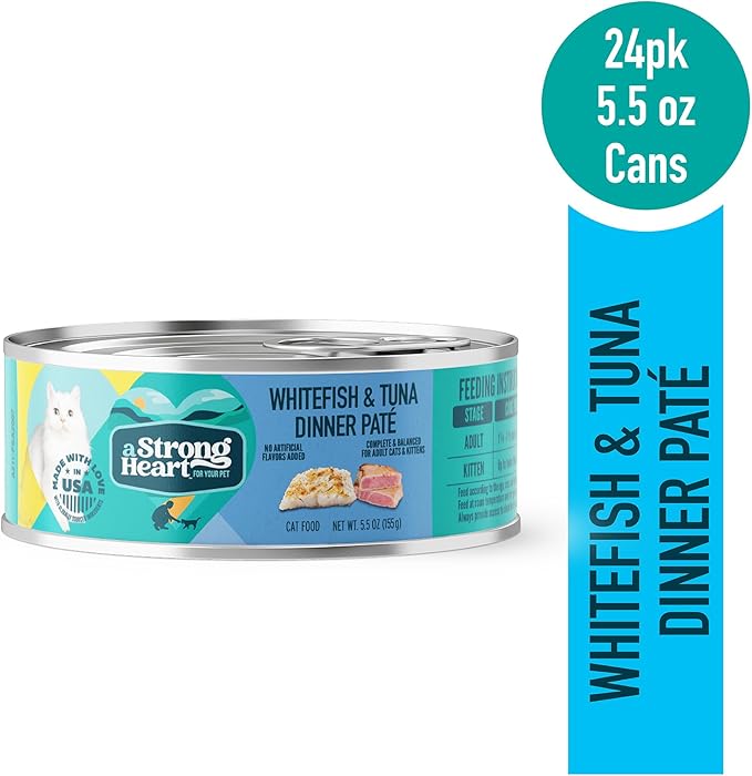A Strong Heart Canned Wet Cat Food, Whitefish & Tuna Dinner Paté - 5.5 oz Cans (Pack of 24), Made in The USA with Real Ocean Whitefish & Tuna-PawvioPets