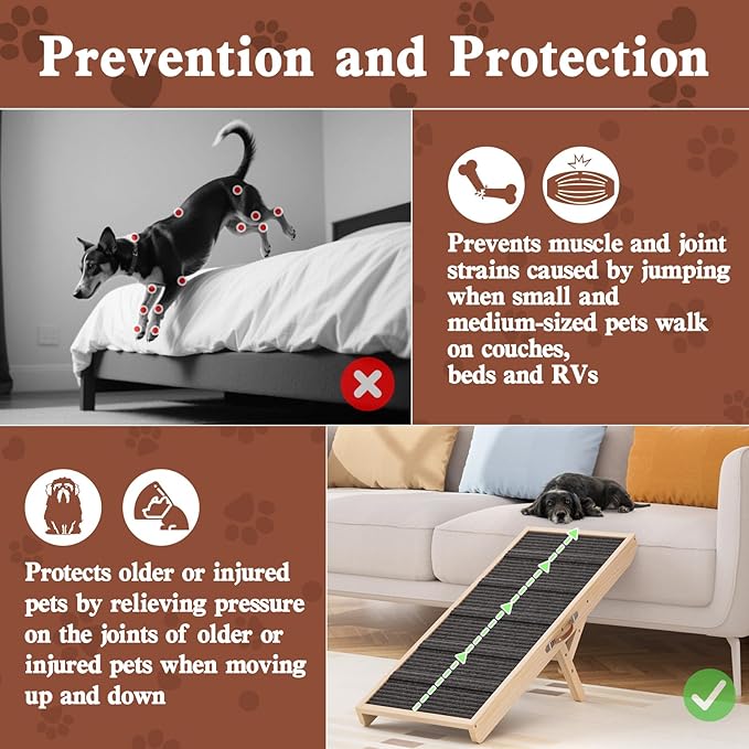 Dog Ramp for Couch, Wooden Pet Ramps 39.37" Long Adjustable 11"-20.47" Folding Puppy Ramps with High Traction Mat, Dog Stairs for Small & Medium Older Dogs & Cats, up to 150lbs-PawvioPets