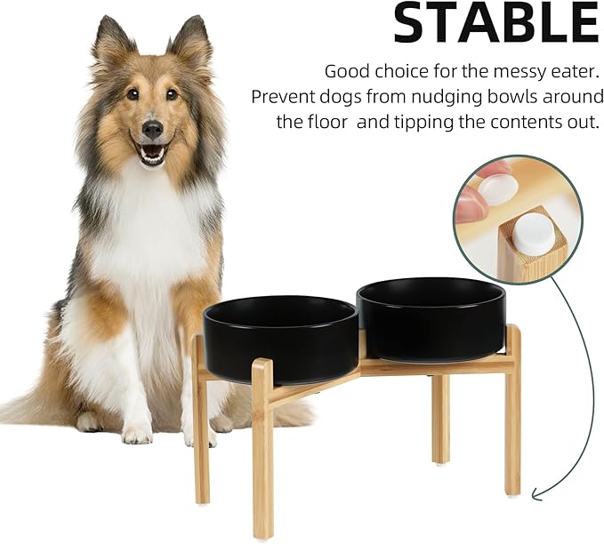 Ceramic Raised Double Bowls Set with Stand, Food & Water Bowls for Large Breed Dogs, Weighted Dog Dishes, Pet Bowl(8.2'',60OZ, Black)-PawvioPets