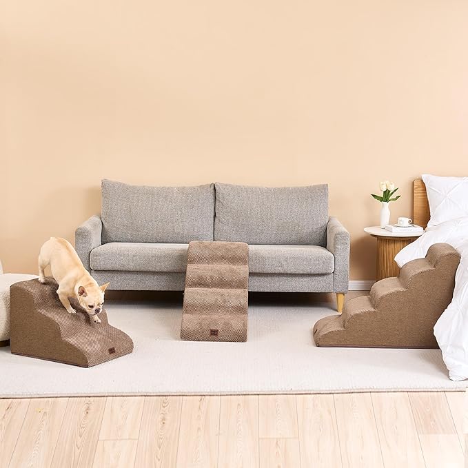 EHEYCIGA Curved Dog Stairs Ramp for Small Dogs 15.7" H, 3-Step Dog Steps for Couch Sofa and Chair, Pet Stairs for Cats, Non-Slip Balanced Pet Steps Indoor, Camel-PawvioPets