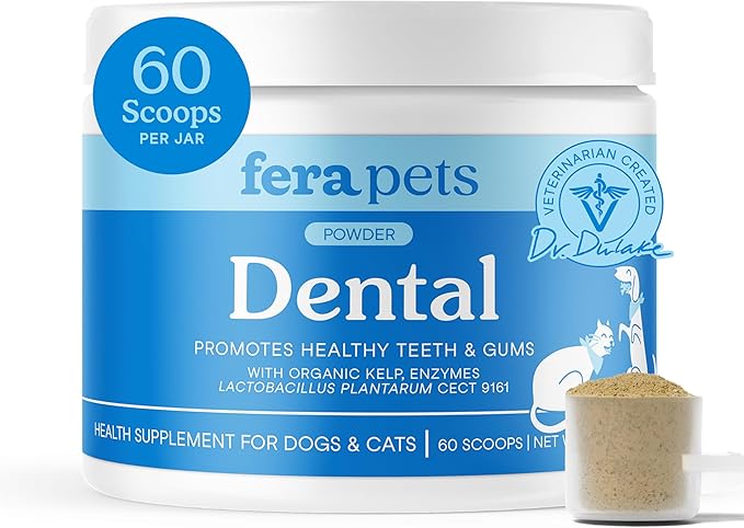 Fera Pets Cat & Dog Dental Support Powder - Supports Fresh Breath - Promotes Healthy Teeth and Gums - Targets Tartar Build-Up - Includes Kelp, Enzymes & Postbiotics - 60 Scoops-PawvioPets