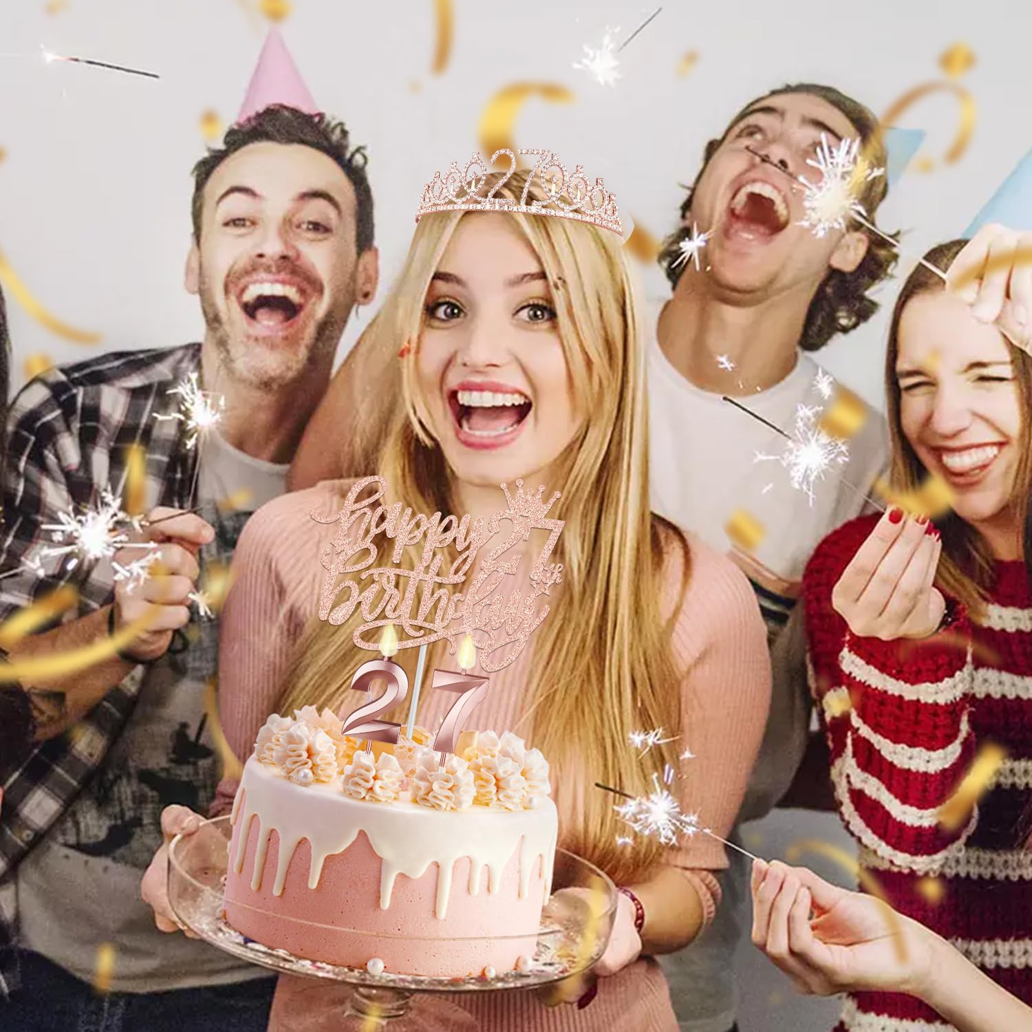 27th Birthday Decorations for Women Including Birthday Sash and Tiara, Candles and Cake Topper, Gifts for 27 Year Old Women, Party Decorations Favor Supplies