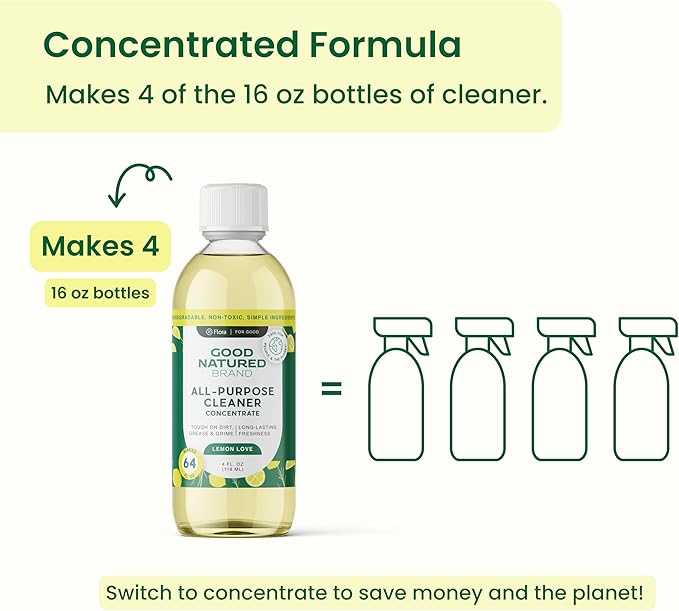 Good Natured Brand All-Purpose Cleaner Concentrate | Multi-Surface Cleaner | Natural Lemon Essential Oil | Multipurpose Cleaner Concentrate All Surfaces | Lemon Love | 4oz makes 64oz-PawvioPets