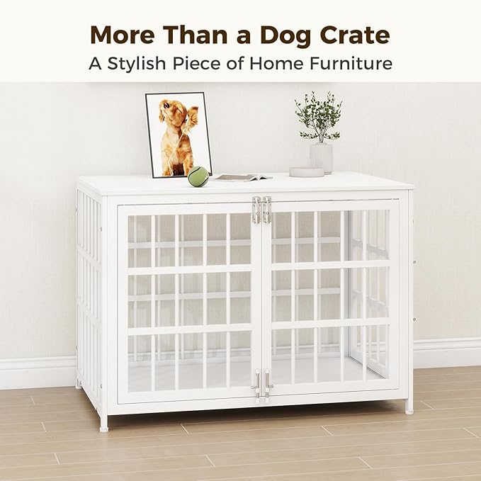 38 Inch Heavy Duty Wooden Dog Kennel End Table with Double Door Design and Secure Locks, Indoor Pet Crate Furniture for Medium Dogs, Decorative Home Cage Design,White-PawvioPets