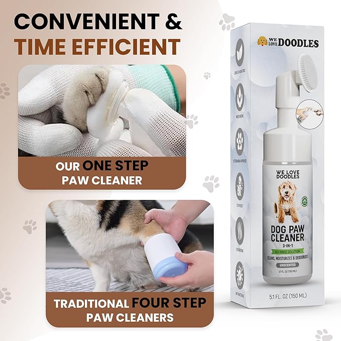Dog Paw Cleaner (Over 100+ Feet Cleanings) No-Rinse Dog Foot Washer, Gentle and Safe Paw Cleaner for Dogs and Cats, Foam Formula, Moisturizes and Deodorizes, 150mL (Unscented) [We Love Doodles]-PawvioPets