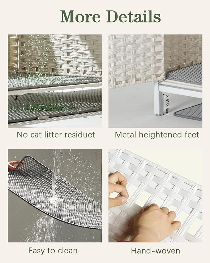 Cat Litter Box Enclosure Hidden Litter Box Furniture with Metal Heightened Feet, Rattan Handwoven Cat House with Litter Mat, Hidden Litter Box Furniture for Bedroom Living Room White-PawvioPets