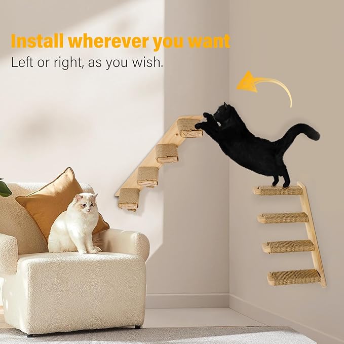 2 Pack 4 Steps Cat Wall Shelves Cat Stairs for Wall with Sisal Rope.Cat Wall Steps/Ladder Furniture ＆ cat Tree Supplies(Catstairs 2Pack-4Steps)-PawvioPets