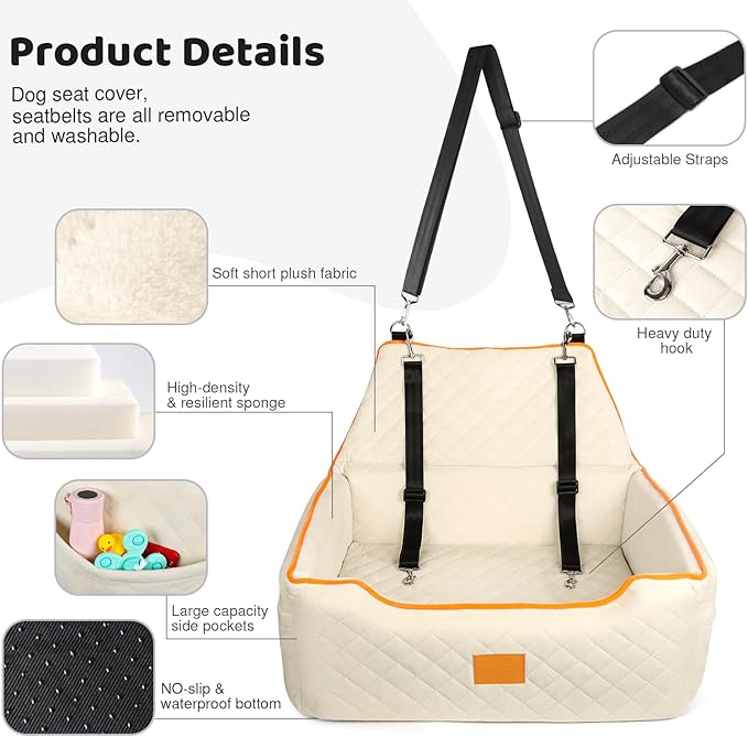 Dog Car Seat for Large/Medium Dog, Booster Seat Under 55Lbs or 2 Small Dogs, Detachable and Washable Travel Pet Seat with Thick Cushion and Storage Pockets (Beige)-PawvioPets