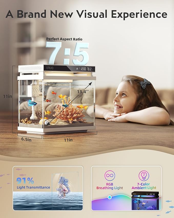 Fish Tank Smart Aquarium Kit: URUQ 2 Gallon Self Cleaning Multi-Layer Filtration System Silent Pump - UHD Glass 7-Color Lighting Temperature Monitoring - Fragrance Diffuser Humidifier White-PawvioPets