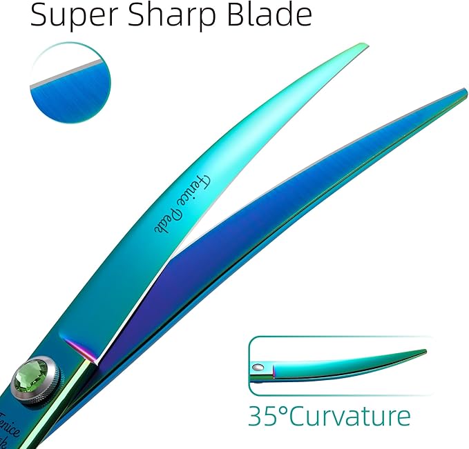 Fenice Peak 7.5'' Green Curved Dog Grooming Scissors Pet Shears with Ergonomic Offest Handle and Simulated Emerald Screw 440C Grooming Scissors Trimming Shears Durable and Sharp-PawvioPets