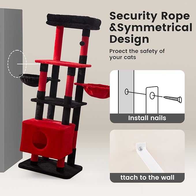 Gardner Pet 65in Heavy Duty Cat Tree Tower for Large Cats, Multi-Level Cat Furniture with Replaceable Sisal Scratching Post, Hammock | Extra-Large Platform & Condo (Black Red, Basic φ:2.84")-PawvioPets